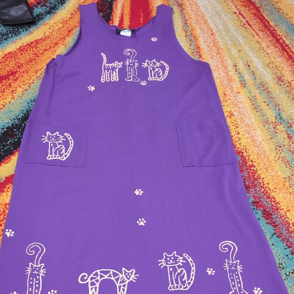 Vintage LA Artwear Purple Cat Jumper Dress Handmade in California Size Large
